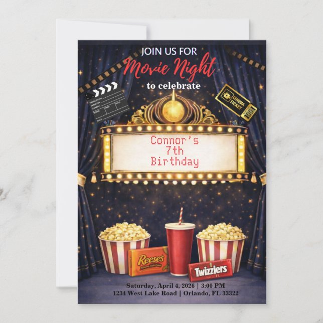 Movie Night Birthday Invitation  Inbjudningar (Framsida)