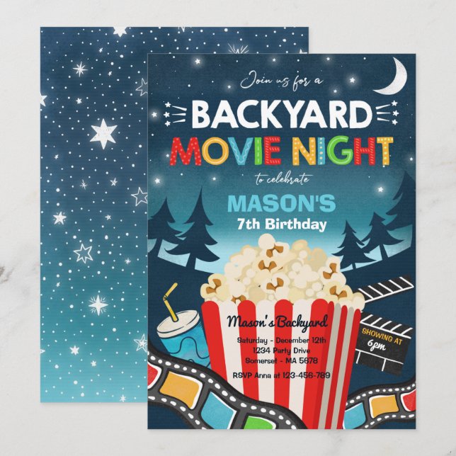 Movie Night Birthday Movie under stjärnan Inbjudningar (Fram/baksida)