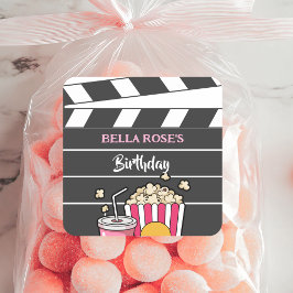 Movie Night Birthday Party For Girls Fyrkantigt Klistermärke