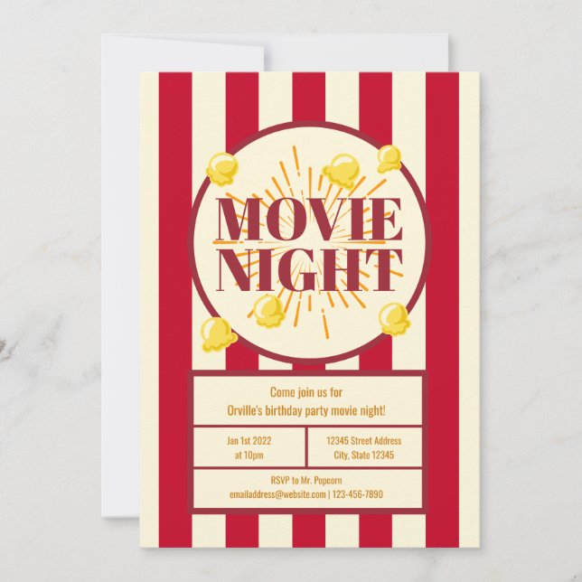 Movie Night Birthday Party - Red White Popcorn Bag Inbjudningar (Framsida)
