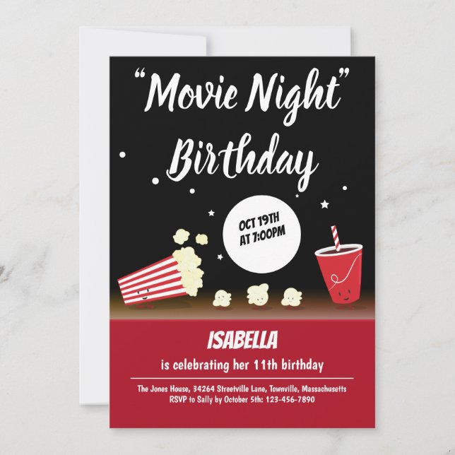 Movie Night Birthday Popcorn Drink Black Red Inbjudningar (Framsida)