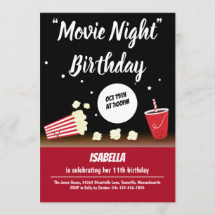 Movie Night Birthday Popcorn Drink Black Red Inbjudningar