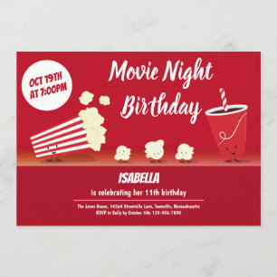 Movie Night Birthday Sleende Popcorn Tecknad Kids Inbjudningar