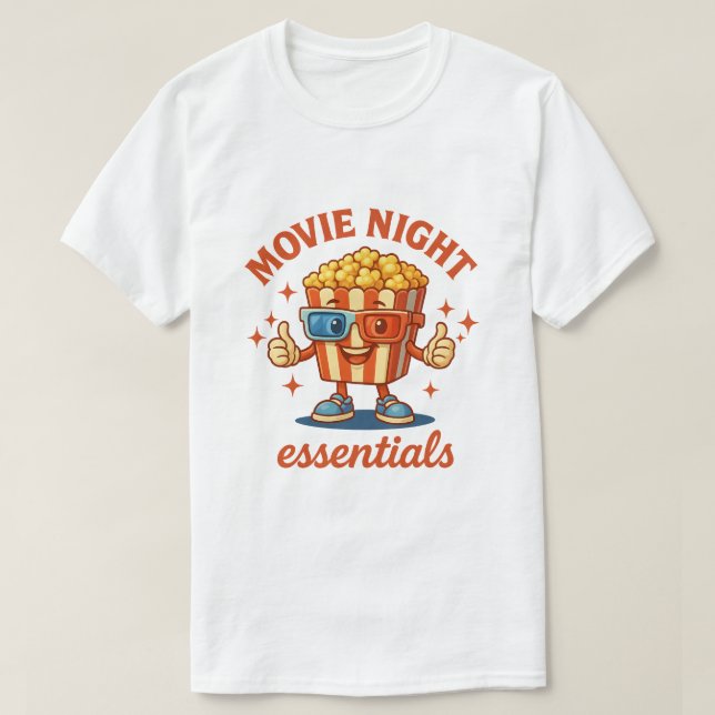 Movie Night Essentials - Roligt Popcorn-Tecknad T Shirt (Design framsida)