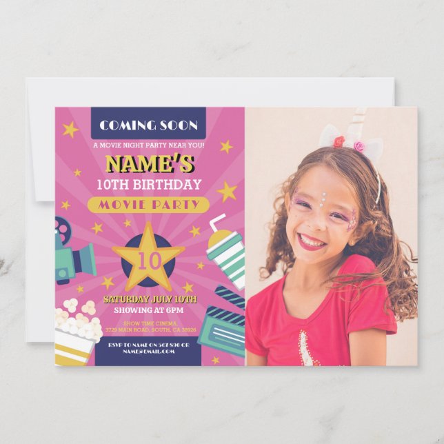 Movie Night Film Cinema Födelsedagsfest Photo Rosa Inbjudningar (Framsida)