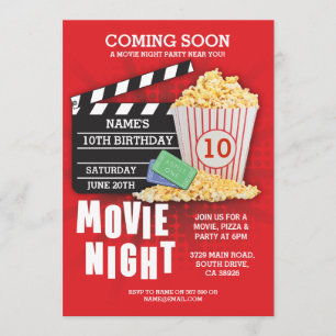 Movie Night Film Cinema Födelsedagsfest Red Inbjud Inbjudningar