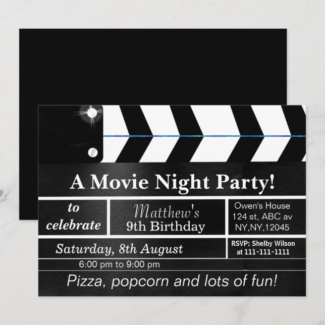 Movie Night Födelsedagsfest inbjudan (Fram/baksida)