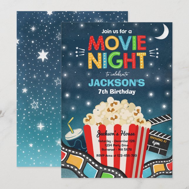 Movie Night Födelsedagsfest Movie Sleepover Popcor Inbjudningar (Fram/baksida)