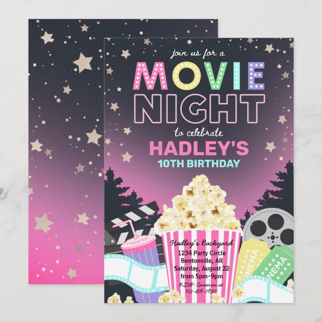 Movie Night-inbjudan | Movie Birthday-inbjudan Inbjudningar (Fram/baksida)