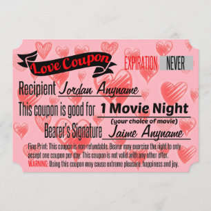 MOVIE NIGHT Kärlek-kupong Inbjudningar