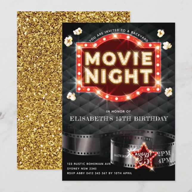 Movie Night Luxury Guld Glitter Inbjudningar (Fram/baksida)