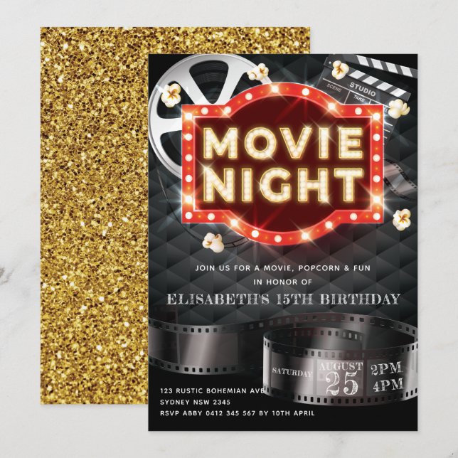 Movie Night Luxury Guld Glitter Inbjudningar (Fram/baksida)