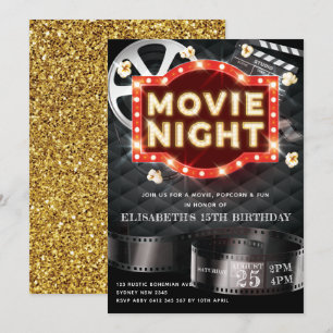 Movie Night Luxury Guld Glitter Inbjudningar