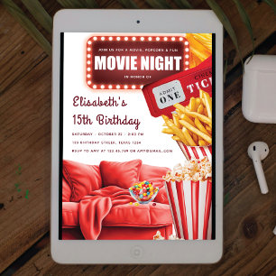 Movie Night Modern Red Birthday Inbjudningar