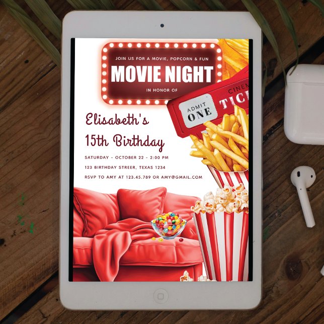 Movie Night Modern Red Birthday Inbjudningar (Skapare uppladdad)