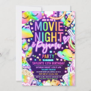 Movie Night Pajama Neon Rainbow Födelsedagsfest Inbjudningar
