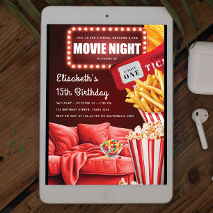 Movie Night Roligt Modern Red Birthday Inbjudningar