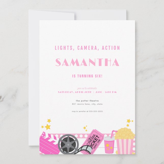 Movie Night Rosa Movie Theater Birthday-inbjudan Inbjudningar (Framsida)