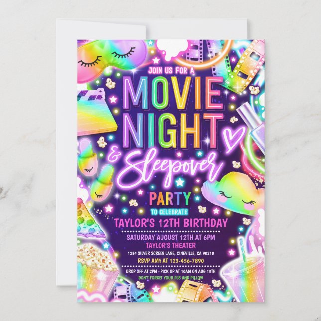 Movie Night Sleepover Neon Rainbow Birthday Inbjudningar (Framsida)