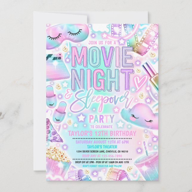 Movie Night Sleepover Pastel Rainbow Birthday Inbjudningar (Framsida)