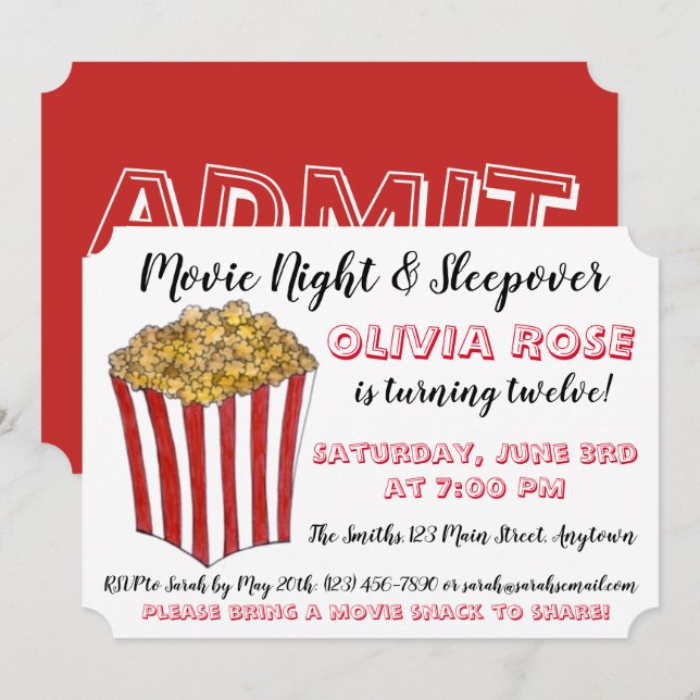 Movie Night Sleepover Popcorn Födelsedagsfest Red Inbjudningar (Fram/baksida)