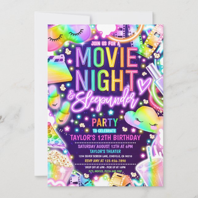 Movie Night Sleepunder Neon Rainbow Birthday Inbjudningar (Framsida)