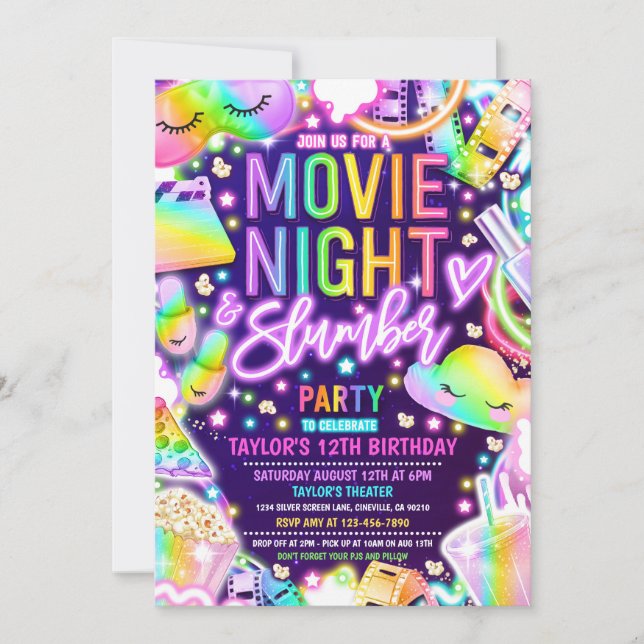 Movie Night Slumber Party Neon Rainbow Birthday Inbjudningar (Framsida)