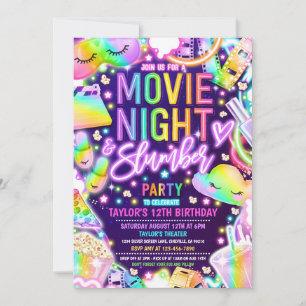 Movie Night Slumber Party Neon Rainbow Birthday Inbjudningar