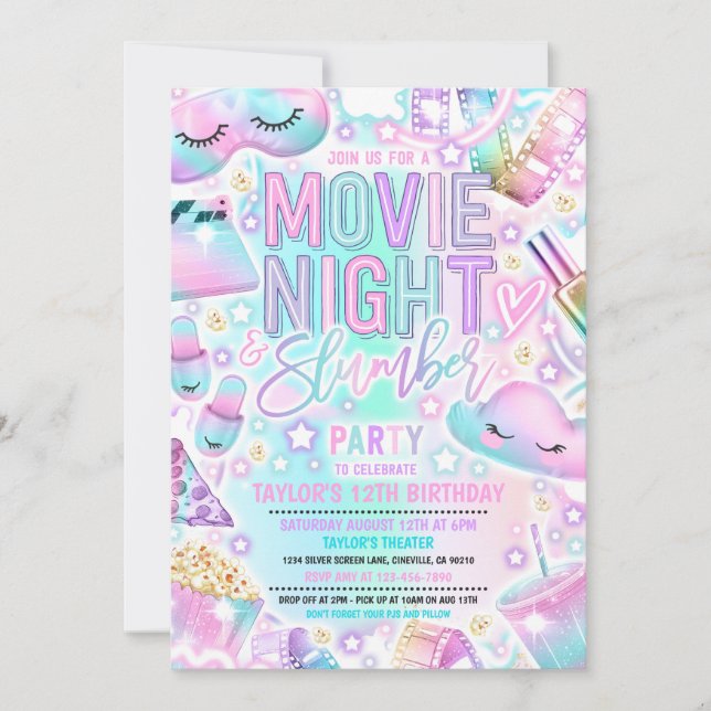 Movie Night Slumber Party Pastel Rainbow Birthday Inbjudningar (Framsida)