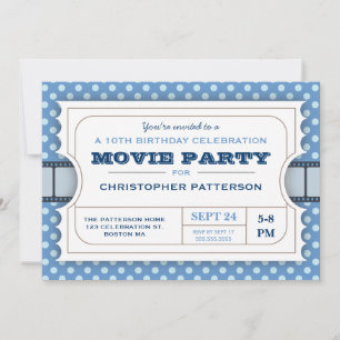 Movie Party Födelsedagsfest Adapter Biljett  Blå Inbjudningar