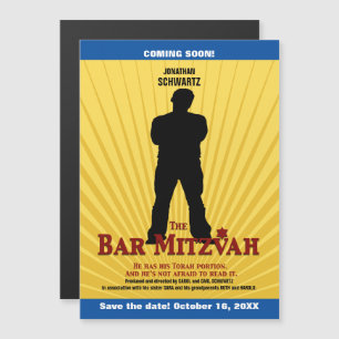 Movie Star Pub Mitzvah Spara datum Gult Blue Magnetisk Inbjudningskort