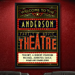 Movie Theater Marquee Home Cinema | Namn 24 x 36 Poster<br><div class="desc">Njut av en familjemiljö i stil med den här originalteatern/teaterväggen poster. Den här personligen poster som en retro-filmmarsch med faux ljus och mycket gnistra. Den är perfektens rituella tillbehör till alla filmbuff. Det huvudsakliga färg-systemet är rött, guld och svart. All text kan vara personlig förutom ord "Välkommen till" och "teater"....</div>