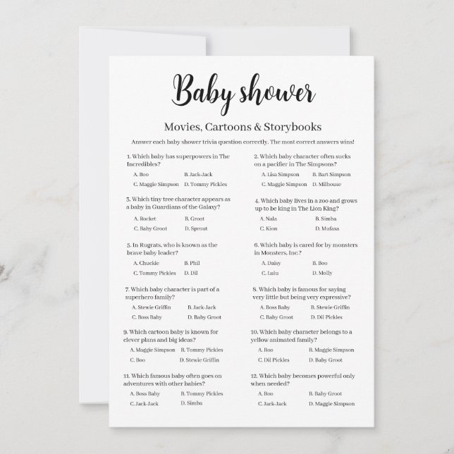 Movies Cartoons Storybooks Baby Shower Trivia Game Inbjudningar (Framsida)