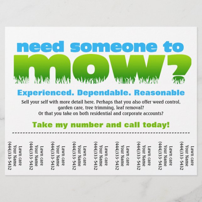 Mow Gräsmatta Care Earn Money Reklamblad (Framsidan)