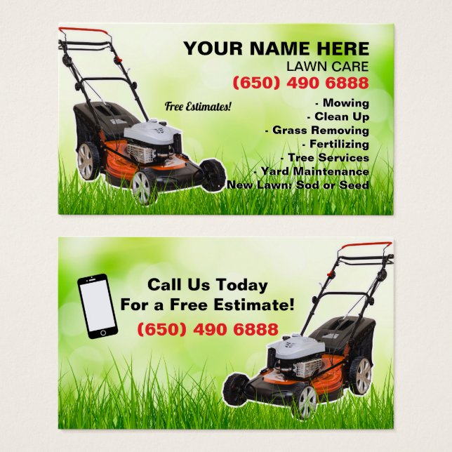 Mowing Service Business Card Green Lawn Care Visitkort (Framsida & baksida)