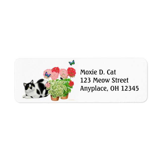 Moxie Cat med Butterflies-etikett Returadress Etikett (Framsidan)