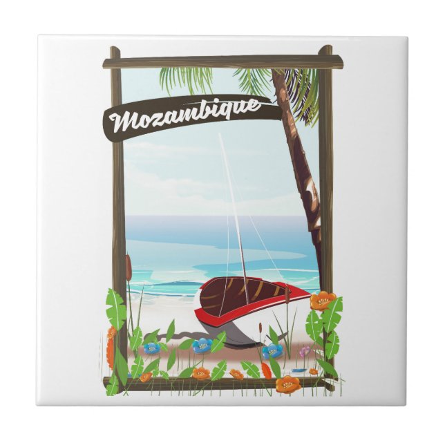 Mozambique Fiskebåt tecknad semesterplakat Kakelplatta (Framsidan)