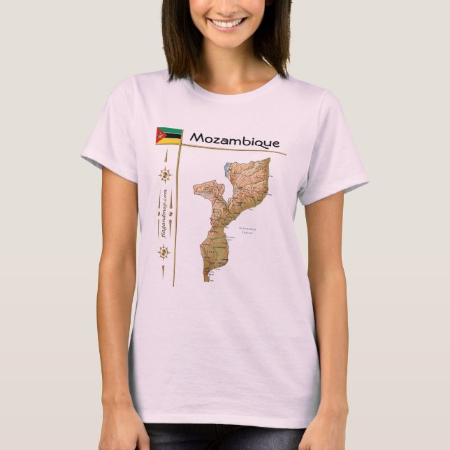 Mozambique-karta + flagga + titel T-shirt (Framsida)
