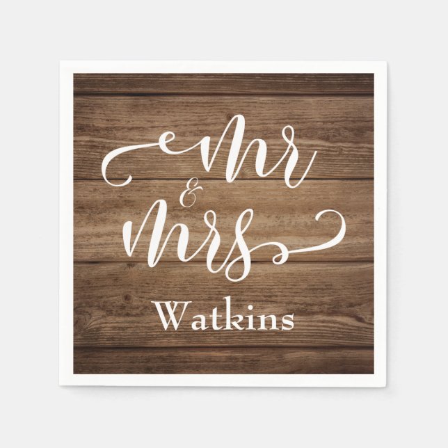 "Mr and Mrs" Elegant White Script på Rustic Wood Pappersservett (Framsidan)