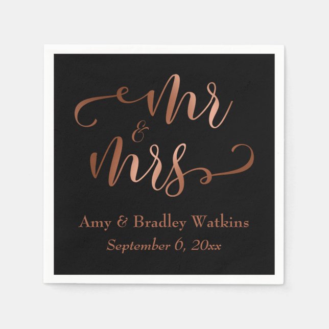 "Mr and Mrs" Faux Copper Script på Black, Bröllop Pappersservett (Framsidan)