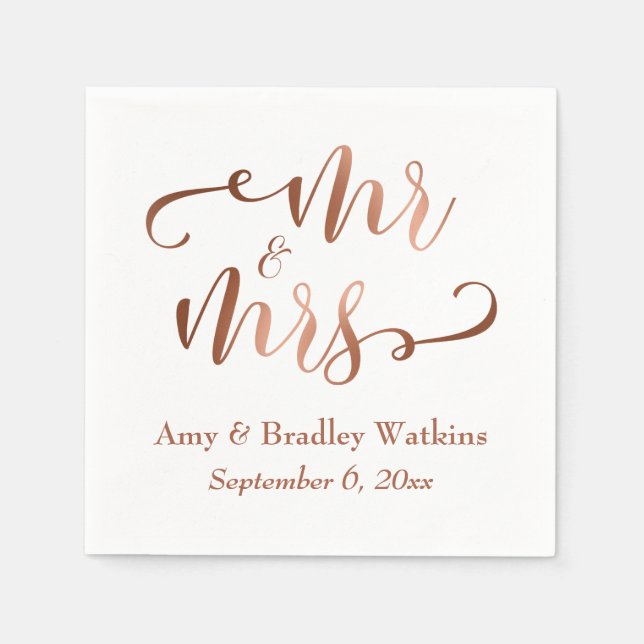 "Mr and Mrs" Faux Copper Typography Bröllop Pappersservett (Framsidan)