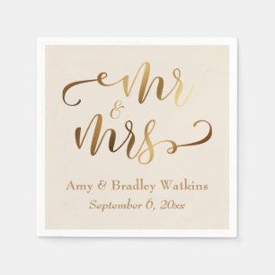 "Mr and Mrs" Faux Gold Foil Script på Cream Pappersservett