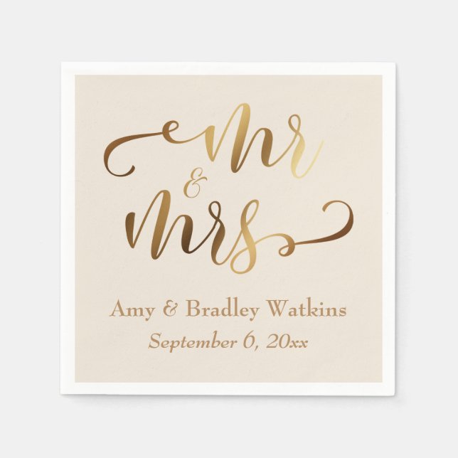 "Mr and Mrs" Faux Gold Foil Script på Cream Pappersservett (Framsidan)