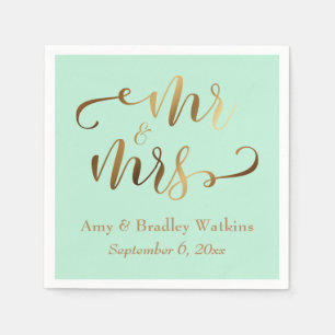 "Mr and Mrs" Faux Gold Foil Script på Mint Pappersservett