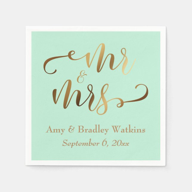 "Mr and Mrs" Faux Gold Foil Script på Mint Pappersservett (Framsidan)