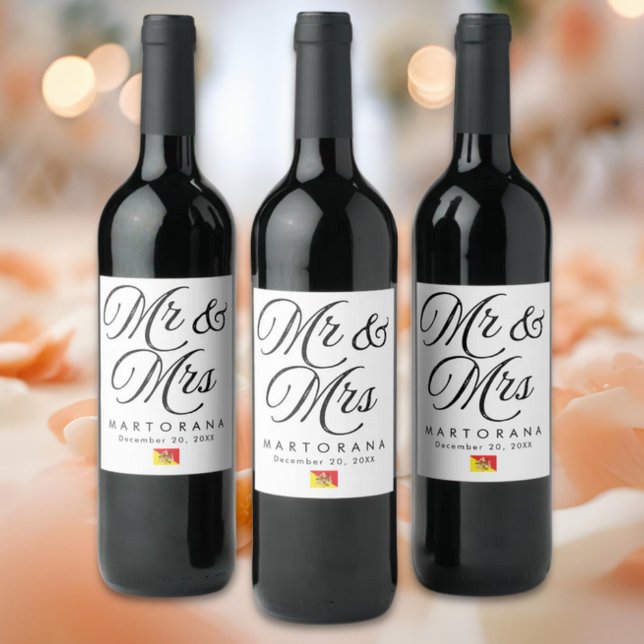 Mr and Mrs Personalized Sicilian Wedding Vinflaska Etikett (Mr & Mrs Elegant Personalized Sicilian Wedding Wine Labels with Flag of Sicily accent)