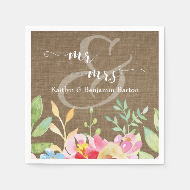 Mr. & Colorful Watercolor Flowers over Burlap Pappersservett (Framsidan)