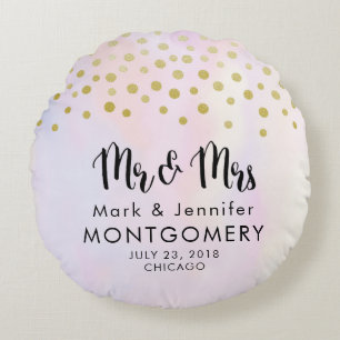 Mr. & Faux Guld Confetti på Lila Bröllop Rund Kudde