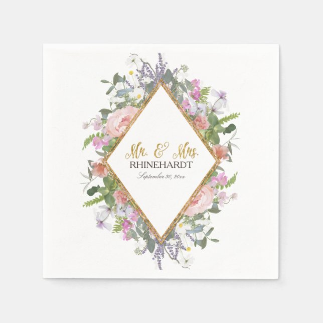 Mr. & Guld Faux Glitter Wildbloms Blommigt Art Pappersservett (Framsidan)