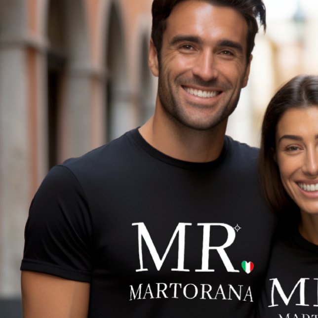 MR. Italian Flag Heart Personal Last Name Couples T Shirt (Couple's t-shirt in black with MR.Italian Flag Heart for the periodEngagement or Wedding gift)